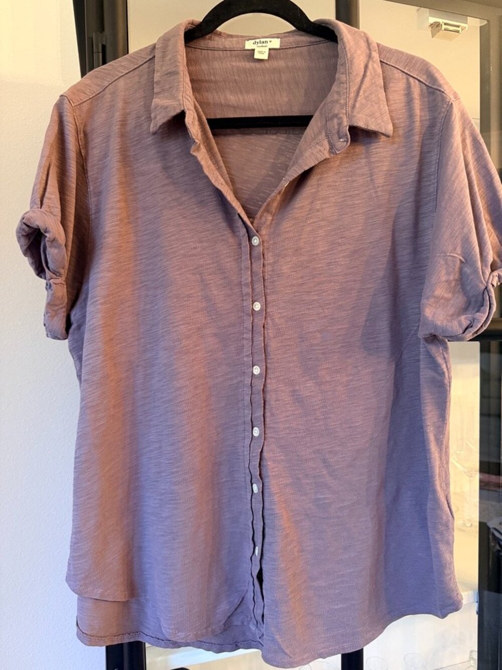 Dylan by True Grit Mauve Cotton Slub Short Sleeve Roll Tab Button Down Shirt M